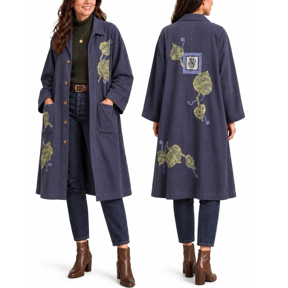 Vintage Focus Jacket Leaf Print Women’s Medium Large Blue Cotton Wearable Art